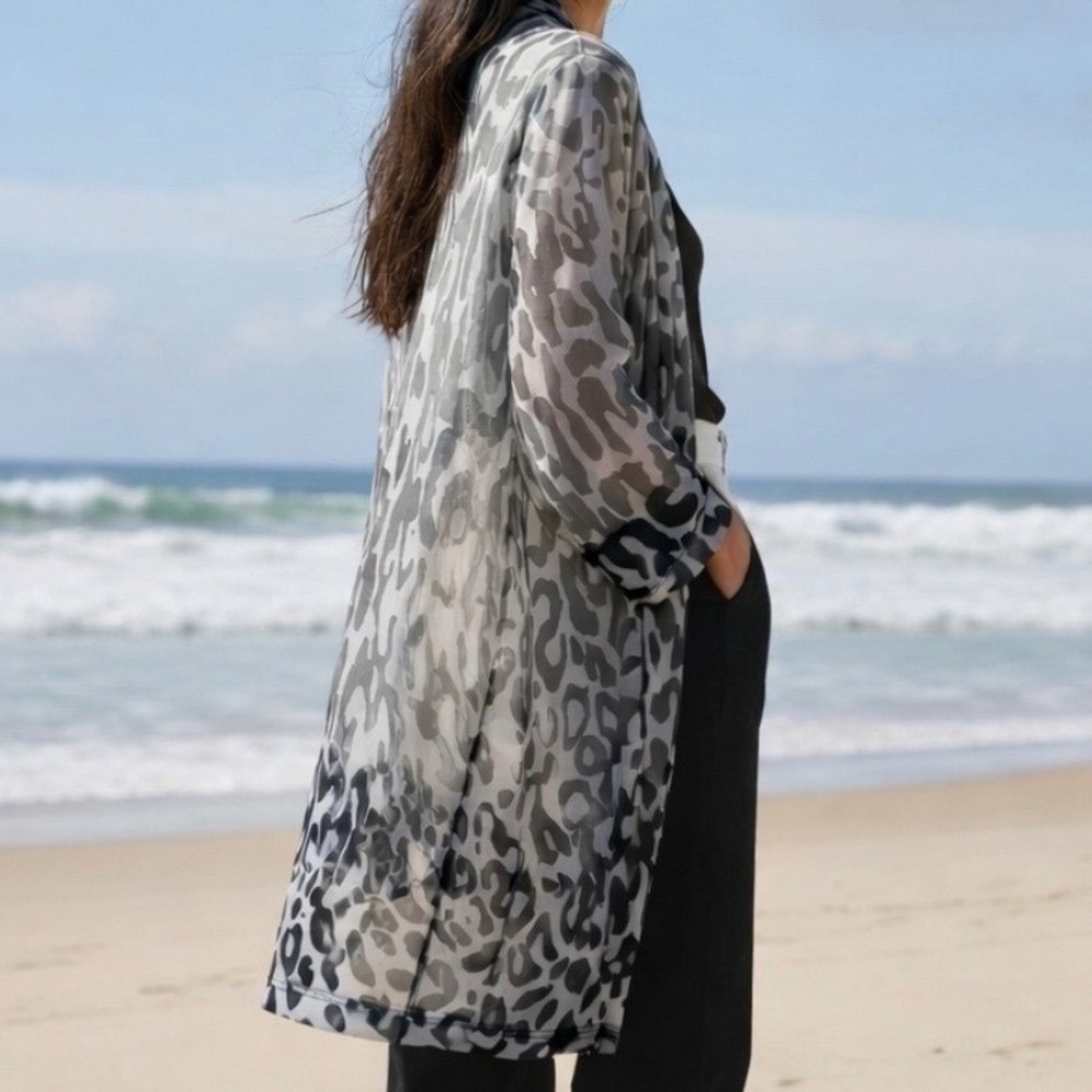Susan Graver Ombre Duster XS Cardigan Grey Black Leopard Mesh Open Front Women's